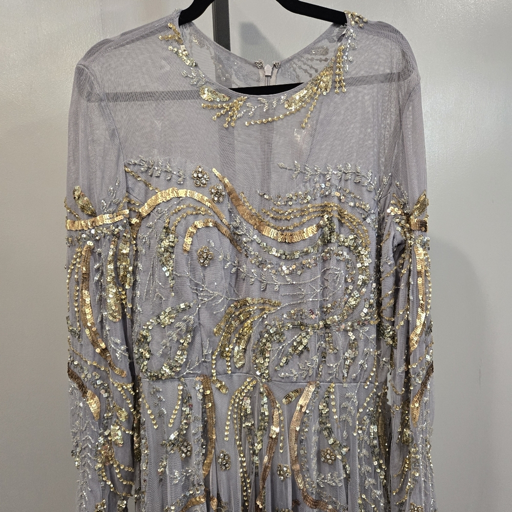NWT Mac Duggal PLATINUM GOLD LONG SLEEVE EMBELLISHED ILLUSION GOWN… - Picture 4 of 12